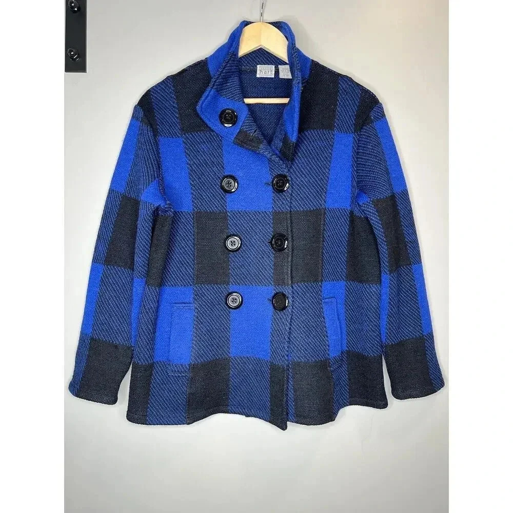 Keren Hart Blue Buffalo Plaid Double Breasted 100% Wool Jacket Size Medium